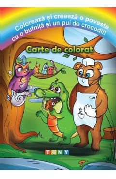 Coloreaza si creeaza o poveste cu o bufnita si un pui de crocodil! Carte de colorat