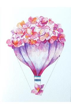 Felicitare: Balon cu aer cald. Hortensie