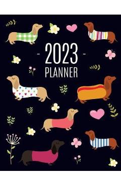 Dachshund Planner 2023: Funny Dog Monthly Agenda January-December Organizer (12 Months) Cute Puppy Scheduler with Flowers & Pretty Pink Hearts - Happy Oak Tree Press