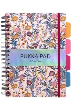 Caiet dictando cu spirala, elastic mov si separatoare: Pukka Pad. Model floral roz
