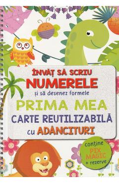 Invat sa scriu numerele si sa desenez formele. Prima mea carte reutilizabila cu adancituri + pix magic si rezerve adancituri