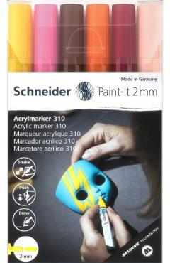 Set 6 markere cu vopsea acrilica paint-it 2 mm: galben, maro, portocaliu, roz, visiniu, caisa