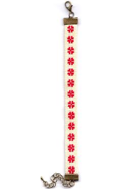 Bratara cusuta manual: Motiv traditional. Crem cu broderie rosie