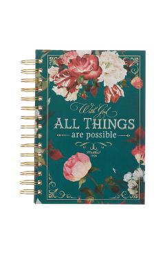 Christian Art Gifts Journal W/Scripture for Women with God All Things Mathew 19:26 Bible Verse Teal/Roses 192 Ruled Pages, Large Hardcover Notebook, W - Christianart Gifts