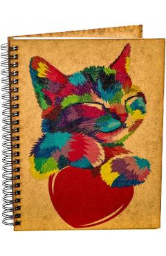 Agenda din lemn: Inima si pisicuta colorata