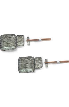 Set 2 farfurii + 2 farfurioare din ceramica cu betisoare din bambus si suport. Red