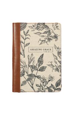 Christian Art Gifts Scripture Journal Brown/Cream Floral Printed Amazing Grace 2 Cor. 12:9 Bible Verse Inspirational Faux Leather Notebook, Zipper Clo - Christian Art Gifts