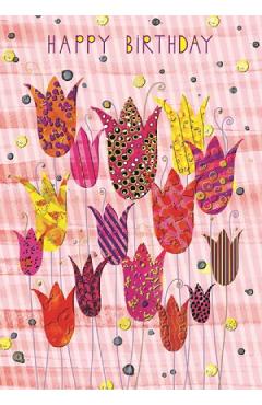 Felicitare: Lalele. Fundal roz