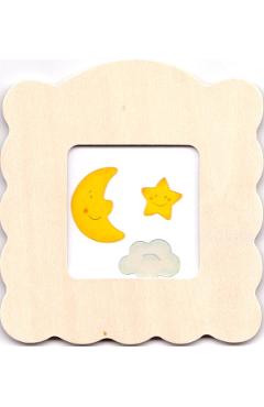 Mini rama foto din lemn natur pentru decorare. Luna, stea si norisor