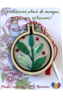 Brosa martisor: Mini gherghef. Crenguta cu frunze