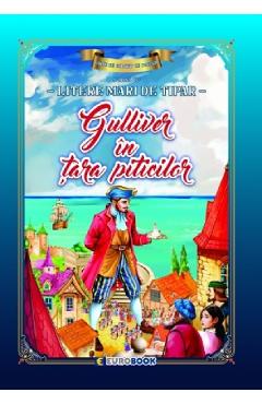 Gulliver in tara piticilor. Carte de colorat cu povesti scrisa cu litere mari de tipar
