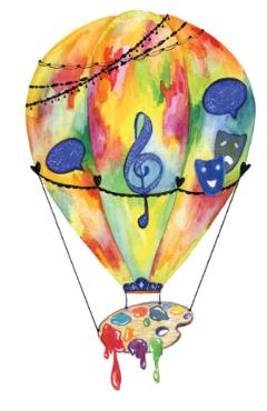 Felicitare: Balon cu aer cald, pictura, teatru, muzica