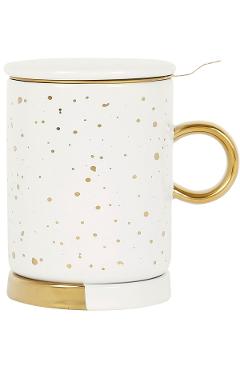 Cana ceramica cu infuzor: Alb mat - Auriu