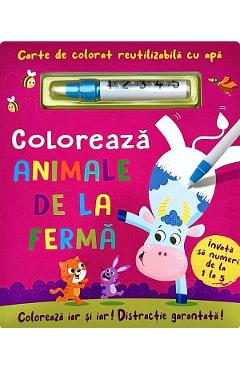 Carte de colorat cu apa. Reutilizabila: Coloreaza animale de la ferma - FLAMINGO