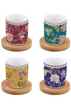 Set 4 cesti portelan cu suport bambus: Magie d'Orient. Verde