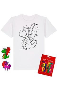 Set creativ: Tricou alb copii. Marimea L Model: Dragon + Carioci
