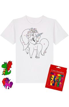 Set creativ: Tricou alb copii. Marimea M Model: Unicorn + Carioci