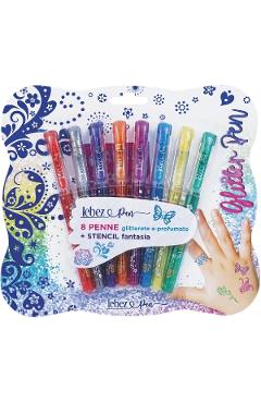 Set 8 pixuri cu sclipici parfumat si sabloane: Glitter