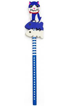 Creion grafic albastru cu 3 radiere pisica