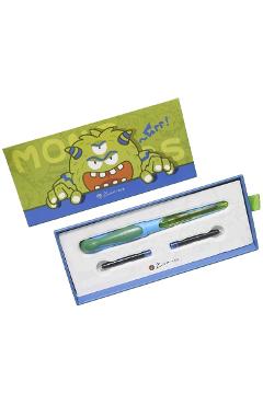 Set Stilou albastru-verde Little Monster + 2 cartuse