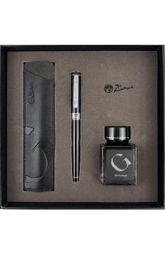 Set stilou negru + calimara + etui piele