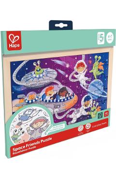 Puzzle din lemn 2 in 1. Prietenii din spatiu
