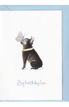 Felicitare: Frenchie. Big Birthday Love. Fluture. Mai Colorat