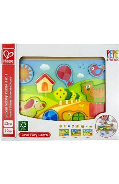 Puzzle din lemn 3 in 1. Pepe si prietenii