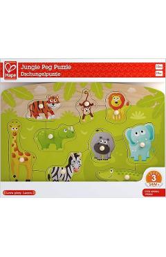 Puzzle din lemn cu butoni: Animale din jungla