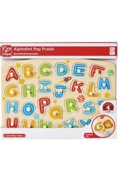 Puzzle din lemn cu butoni: Alfabet