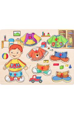 Puzzle din lemn cu butoni: Imbraca-l pe Sebastian
