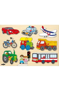 Puzzle din lemn cu butoni: Mijloace de transport