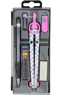 Trusa compas scolar cu 6 accesorii. Roz