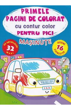 Primele pagini de colorat cu contur color pentru pici. Masinute