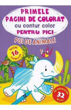 Primele pagini de colorat cu contur color pentru pici. Pui de animale