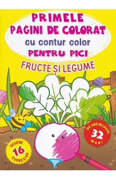 Primele pagini de colorat cu contur color pentru pici. Fructe si legume