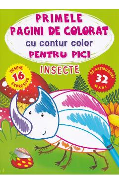 Primele pagini de colorat cu contur color pentru pici. Insecte